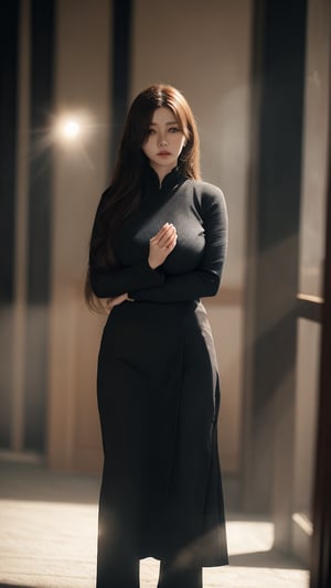 A 45yr beautiful women named Zhao lusi standing pose full body potrait highly detailed realistic face with lighting and shadow control on face and hair photorealistic,Lens Flares,perfect split lighting,shaded face,Young beauty spirit , ,cinematic lightings,1 girl,Extremely Realistic