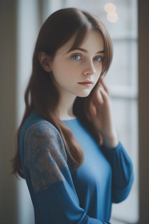 aesthetic portrait, sleeves past wrists, blurry background, blue eyes, bokeh, depth of field, long sleeves, 1girl, brown hair, solo