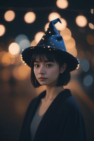  aesthetic portrait, 1girl,solo, short hair, bokeh, depth of field, cinematic, nighttime , witch hat,