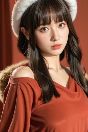  masterpiece, best quality, 1girl, red background, black hair, Long curly hair, face front, ((red fashion silk lone costume with red swirling vortexes pattern)), ((Red Plush Fur Hat)), emotional face, (close up portrait), make up, studio light, studio, ((poakl)), poakl ggll girl