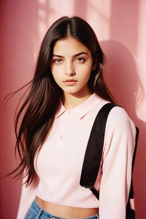 2016 Photo of a 16-year-old, mixed with Indian and White, Urban Outfitters model, with very long dark brown hair, hazel eyes, an alluring gaze, dynamic pose, pink background, mid-length shot, warm color tone, 35mm, shot on Kodak Ektar 100, realistic