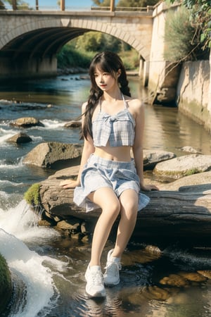  1girl, pale skin,black hair,long_hair,outdoors,sitting, bridge,river,full_body, miniJK,plaid,bare belly