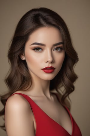 better photography, 1girl, solo, realistic, brown eyes, brown hair, dress, looking at viewer, lips, makeup, lipstick, simple background, parted lips, upper body, red lips,,<lora:659095807385103906:1.0>