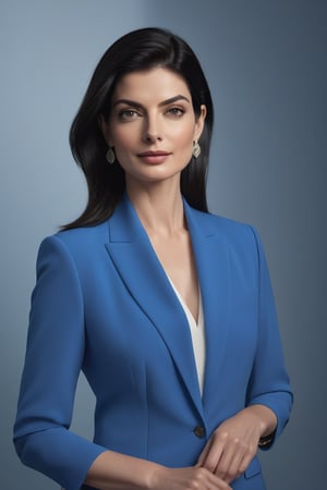 create a hyper realistic vertical photo of Indian most attractive woman in her 40s, anne hathway, Trendsetter wolf cut black hair, , trending on artstation, portrait, digital art, modern, sleek, highly detailed, formal, determined, blue business suit, 36D , fairy tone, fair skin, perfect symmetric eyes, hyper realistic skin texture,  realistic, award-winning photograph, rim ambient lighting, 8k, dslr, soft lighting, high quality, film grain, Fujifilm XT3, 
