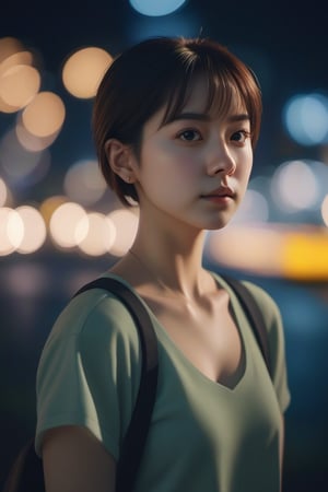  aesthetic portrait, 1girl,solo, short hair,side ponytail,  bokeh, depth of field, cinematic, nighttime 