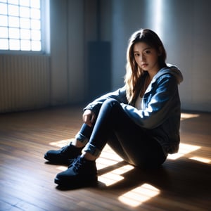 best quality:1.2,8K,photo,photorealistic,extreme details,lora:girl_07:0.6,a girl sat in the middle of an empty and dim room,looking at viewer,