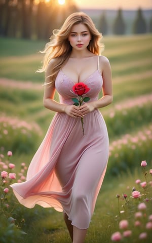 Oil painting, (girl holding a single rose), very delicate and soft lighting, details, Ultra HD, 8k, animated film, soft floral dress, walking through a meadow full of wide green grass,Beautiful girl 