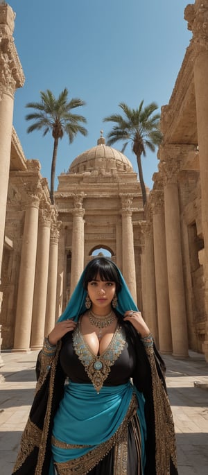 Generate hyper realistic image of a woman with long, straight, jet-black hair with blunt bangs that frame her face. Her hair is styled with a blue headscarf that drapes over her head and shoulders. She is wearing an elegant, rich blue garment that wraps around her torso. The fabric is luxurious and finely crafted, fitting snugly and highlighting her figure. She is adorned with an elaborate gold and turquoise necklace. The necklace is large and ornate, with various gemstones and intricate designs. The background shows an ancient, Egyptian setting with towering palm trees and grand architectural elements.