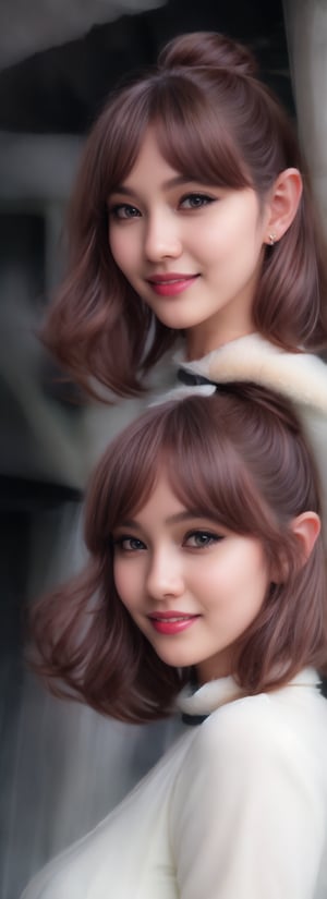 masterpiece, best quality, 8k HD, brillint lighting effect, sharp quality, intricate details:0.8,ultra resolution, cold color scheme, pastel ink, 1girl , big eyes, beautiful korean girl, looking at viewer, full body, cute smile, intricate detailed yellow eyes , pointy face,(silver_color_with_streaks_tied_bun_hairstyle, beautiful bangs, curls, forehead, hairclip), Nordic fur, fur boots, Dracula teeth, elf ears, more detail XL,frey4