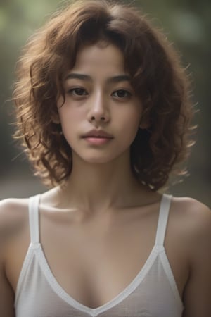 aesthetic portrait, solo, curly hair, blurry, brown eyes, blurry background, lips, realistic, 1girl, upper body, brown hair, looking at viewer,xxmix_girl