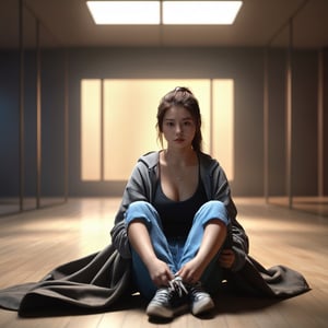 best quality:1.2,8K,photo,photorealistic,extreme details,lora:girl_07:0.6,a girl sat in the middle of an empty and dim room,looking at viewer,