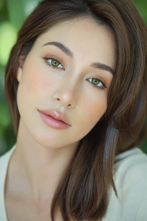 portrait of a confident, beautiful young woman. her shoulder length brown hair frames her face. natural beauty. beautiful green and brown eyes. catchlights in the eyes. full lips. The image has a neutral color tone with natural light setting. f/5.6 50mm, close-up, sharp focus, (Best Quality:1.4), (Ultra realistic, Ultra high res), Highly detailed, Professional Photography