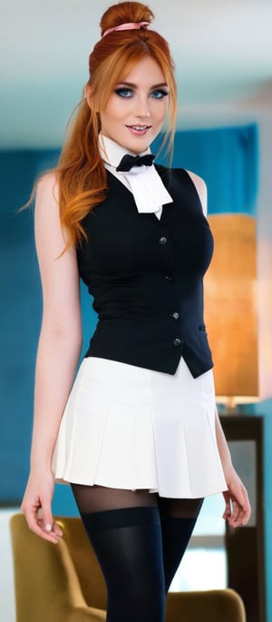 Generate hyper realistic image of a woman with long, flowing orange hair tied up in a high ponytail with a black ribbon. She has a youthful face with 
expressive blue eyes and a confident smile. Her makeup is subtle, highlighting her natural features. She is wearing a form-fitting black sleeveless top with a high collar and a white detail at the chest, resembling a tuxedo front. The top has a buttoned design that accentuates her figure and a short, pink pleated skirt that contrasts with her black top. She is wearing black stockings that emphasize her long legs and black high-heeled shoes. 