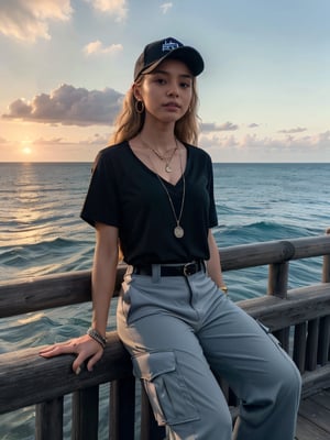 1girl, grey blonde hair(very long hair, curly_hair),long ponytail,hiphop dancer,wearing all black clothes (loose fit top and wide cargo pants),sneakers,accessories(necklace,ear_rings)baseball cap, sitting at sea bank,horizon,seaside,vivid sea color,red lighthouse,sunset,Best Quality, 32k, photorealistic, ultra-detailed, finely detailed, high resolution, perfect dynamic composition, beautiful detailed eyes, sharp-focus, cowboy_shot