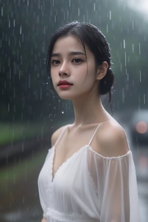 aesthetic portrait, solo, parted lips, head tilt, depth_of_field, black hair, blurry background, black eyes, lips, realistic, 1girl, upper body, looking at viewer, rain, outdoors, white dress, wet dress, see-through