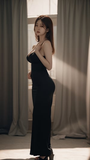A 45yr beautiful women named Zhao lusi standing pose full body potrait highly detailed realistic face with lighting and shadow control on face and hair photorealistic,Lens Flares,perfect split lighting,shaded face,Young beauty spirit , ,cinematic lightings,1 girl,Extremely Realistic