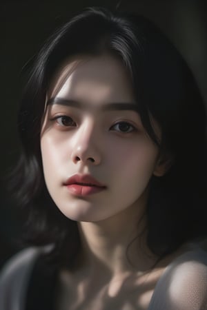 aesthetic portrait, solo, parted lips, head tilt, blurry, black hair, blurry background, black eyes, lips, realistic, 1girl, upper body, looking at viewer