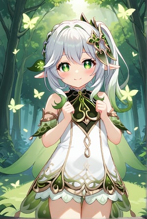 pastel colors, nahida \(genshin impact\), green eyes, smile, ((white hair)), elf ears, high lights, light aura, best quality, masterpiece, (cute girl at the center:1.2), (solo:1.3), outdoors, day, (forest background), looking at viewer, blush, (colorful details),