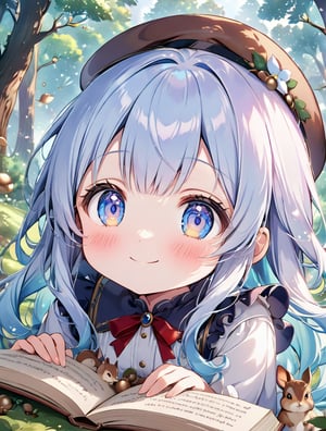 masterpiece, best quality, extremely detailed, (illustration, official art:1.1), 1 girl ,(((( light blue long hair)))), ,(((( light blue long hair)))),light blue hair , , long hair ((blush)) , cute face, big eyes, masterpiece, best quality,(((((a very delicate and beautiful girl))))),Amazing,beautiful detailed eyes,blunt bangs(((( little delicate girl)))),tareme(true beautiful:1.2), sense of depth,dynamic angle,,,, affectionate smile, (true beautiful:1.2),,(tiny 1girl model:1.2),)(flat chest) ,((, playing squirrel on her hand,))There are acorns on top of the book, (Squirrel stealing acorns: 1.2), , floating hair, (cute), big eyes, detailed eyes, (long hair), (cute ), cool,((, playing squirrel on her hand,))There are acorns on top of the book, (Squirrel stealing acorns: 1.2), , floating hair, (cute), big eyes, detailed eyes, big eyes, detailed eyes, (Polite Smile), ( (young, baby face)), (Magnificent Panorama View: 1.3), best quality, masterpiece, (white mauve background, white mauve backdrop), wind, overlooking, Surprising a super cute moment, depth of field, 8k, 16k, ( girls with young), ((spoken heart)), be in heat, ((little kids)), ((Japanese(-style) bookbinding\)), (beret), (ribbon), ((frills)), ( affectionate contacts, physical contact, personal physical contact),, (THE GIRL ALWAYS LOOKS LOVELY), ((cute, kawaii)), (hug:1.3), ((little girls)), , flat chest, kawaii, skinny, outdoors, bokeh, beautiful detailed extremely illustration, (masterpiece), (best quality:1.5), (insanely detailed), looking at viewer, (a lot chibis), chibi animal, (((squirrels ,Playing with cute animals , squirrels,Forest friends, rabbits,)))