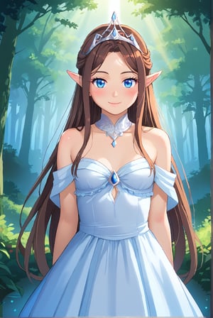 source_anime, pastel colors, (((Arwen Undómiel))), lord of the rings wedding ((Arwen dressed in a oniric beautiful all white long dress)) with blue eyes and long DARK brown hair. Bridal flat tiara, ((blue eyes)), discreet elf-like ears, smile, high lights, light aura, best quality, small chest, masterpiece, (beautiful girl at the center:1.2), (solo:1.3), outdoors, day, (forest background), looking at viewer, blush, whismical, (colorful details),