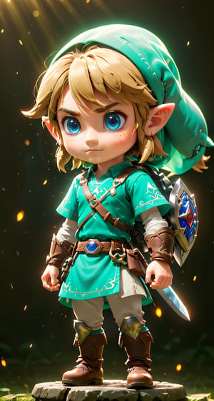 (Link from the legend of zelda), small and cute, (eye color switch), (bright and clear eyes), anime style, depth of field, lighting cinematic lighting, divine rays, ray tracing, reflected light, glow light, side view, close up, masterpiece, best quality, high resolution, super detailed, high resolution surgery precise resolution, UHD, skin texture,full_body,chibi