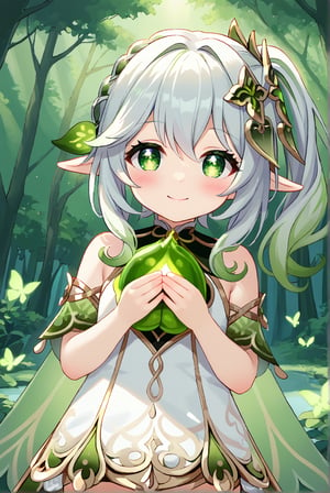 pastel colors, nahida \(genshin impact\), green eyes, smile, ((white hair)), elf ears, high lights, light aura, best quality, masterpiece, (cute girl at the center:1.2), holding a panda, outdoors, day, (forest background), looking at viewer, blush, (colorful details),