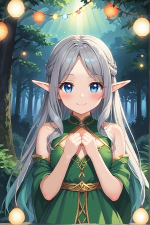 source_anime, pastel colors, arwen lord of the rings, black and gray hair, blue eyes, smile, elf ears, high lights, light aura, best quality, masterpiece, (cute girl at the center:1.2), (solo:1.3), outdoors, day, (forest background), looking at viewer, blush, (colorful details),