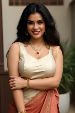 1girl, solo, long hair, looking at viewer, smile, huge breasts, black hair, Indian white saree, sleeveless red blouse dress, jewelry, earrings, necklace, grin, see-through, ring, own hands together, realistic