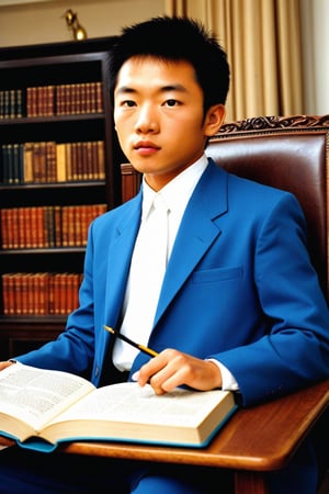 young asian man in blue velvet is sitting on a chair reading a book. 1970s. French. professional photography. ultra-high detail. ultra-high photorealism