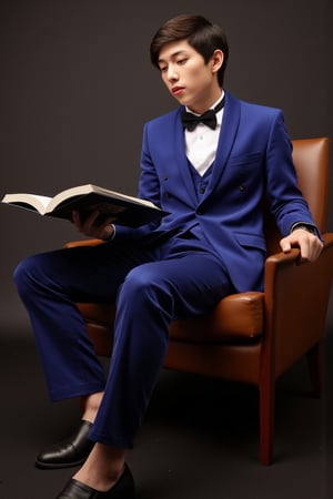 young asian man in blue velvet is sitting on a chair reading a book. 1970s. French. professional photography. ultra-high detail. ultra-high photorealism