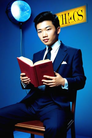 young asian man in blue velvet is sitting on a chair reading a book. 1970s. French. professional photography. ultra-high detail. ultra-high photorealism. neon light glow. disco chic