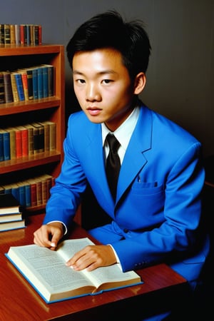 young asian man in blue velvet is sitting on a chair reading a book. 1970s. French. professional photography. ultra-high detail. ultra-high photorealism. neon light. chic