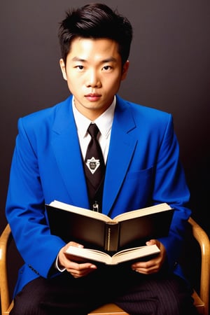 young asian man in blue kimono is sitting on a chair reading a book. 1970s. French. professional photography. ultra-high detail. ultra-high photorealism. neon light glow. disco chic