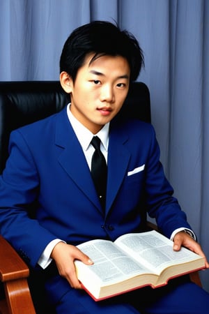 young asian man in blue velvet is sitting on a chair reading a book. 1970s. French. professional photography. ultra-high detail. ultra-high photorealism