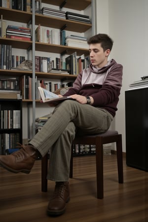 young man is sitting on a chair reading a book. 1970s. French. professional photography. ultra-high detail. ultra-high photorealism