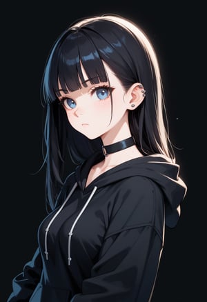 score_9, score_8_up, score_7_up, 1girl, solo, pale skin, black hair, long hair, straight smooth hair, blue eyes, blunt bangs, black hoodie, freckles, choker, long sleeves, slight frown, ear piercings, closed mouth, looking at viewer, from side, dark background, upper body, 8k detail, Expressiveh,
,more detail XL,