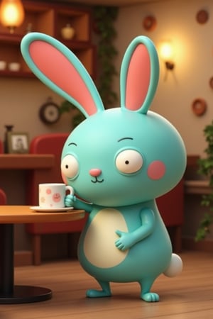 barry buns having a coffee at a cafe, turquoise rabbit, turquoise bunny, 3d