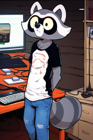 score_9, score_8_up, score_7_up, score_6_up, score_5_up, score_4_up, 1boy, furry male, sfw, black t-shirt, denim jeans, fur on the chest, big eyes, reggie, raccoon, standing, computer room setting, ryuma210 style, 2d