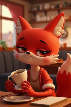 alice having a coffee at a cafe, red vixen, red fox, eyelashes, 3d