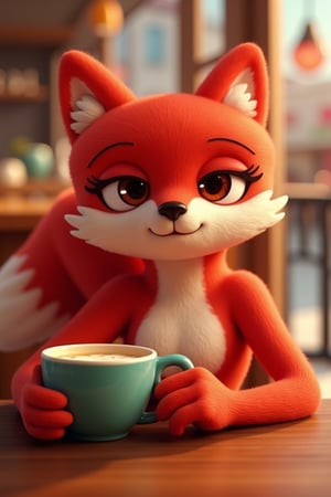 alice having a coffee at a cafe, red vixen, red fox, eyelashes, 3d