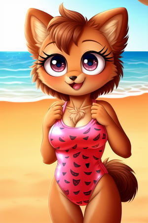 solo (anthro female kiff),
(watermelon pattern swimsuit, breasts, tail, young, body fur, fur tufts, fur fluff, happy, round eyes, big eyes, glistening eyes, big eyelashes, very cute, looking at viewer, standing, outside, beach, hot sunny day)
2d, masterpiece, face closeup,