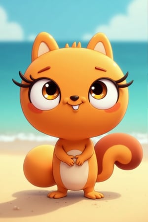 kiff chatterley at the beach, orange squirrel, eyelashes, 3d