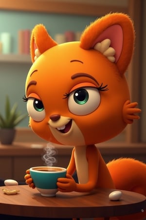 kiff chatterley having a coffe at a cafe, orange squirrel, eyelashes, 3d