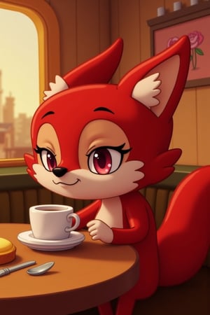 alice having a coffee at a cafe, red vixen, red fox, eyelashes, 3d