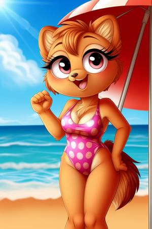 solo (anthro female kiff),
(watermelon pattern swimsuit, breasts, tail, young, body fur, fur tufts, fur fluff, happy, round eyes, big eyes, glistening eyes, big eyelashes, very cute, looking at viewer, standing, outside, beach, hot sunny day)
2d, masterpiece, face closeup,