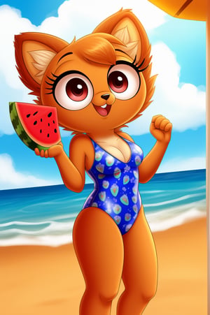 solo (anthro female kiff),
(watermelon pattern swimsuit, breasts, tail, young, body fur, fur tufts, fur fluff, happy, round eyes, big eyes, glistening eyes, big eyelashes, very cute, looking at viewer, standing, outside, beach, hot sunny day)
2d, masterpiece, face closeup,