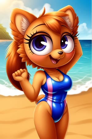 solo (anthro female kiff),
(watermelon swimsuit, breasts, tail, young, body fur, fur tufts, fur fluff, happy, round eyes, big eyes, glistening eyes, big eyelashes, very cute, looking at viewer, standing, outside, beach, hot sunny day)
2d, masterpiece, face closeup,