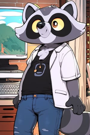 score_9, score_8_up, score_7_up, score_6_up, score_5_up, score_4_up, 1boy, furry male, sfw, black t-shirt, denim jeans, fur on the chest, big eyes, reggie, raccoon, standing, computer room setting, ryuma210 style, 2d