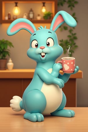 barry buns having a coffee at a cafe, turquoise rabbit, turquoise bunny, 3d