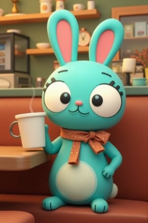 barry buns having a coffee at a cafe, turquoise rabbit, turquoise bunny, 3d